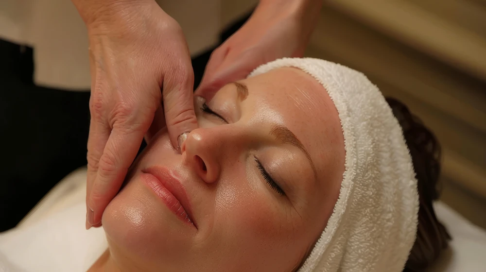 Elegant woman showing off radiant skin after Hydrafacial.